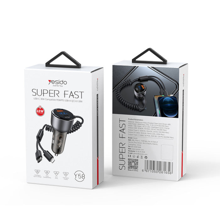 Yesido-60W Car Charger with Lightning + USB-C Cable