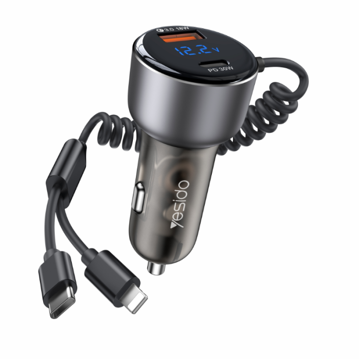 Yesido-60W Car Charger with Lightning + USB-C Cable
