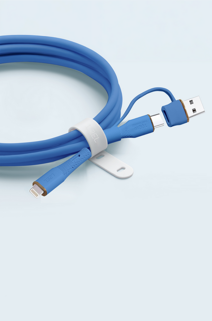 كابل سيليكون LZEL Celeris PowerDuo 2 في 1 USB-C إلى Lightning بقوة 27 واط (1 متر) مع موصل USB-A مدمج - أزرق داكن