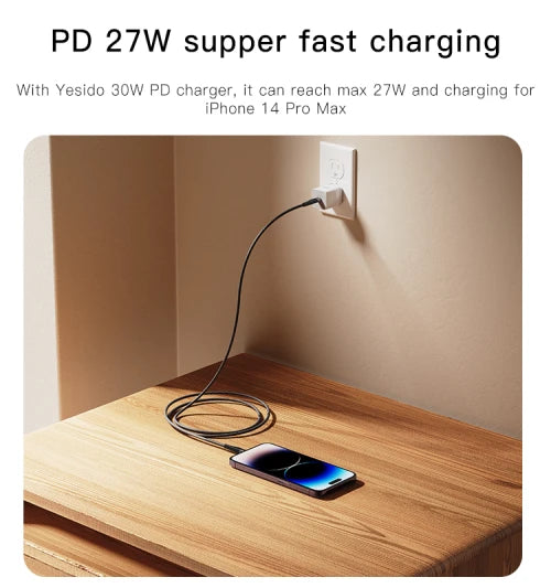 YESIDO- USB-C to Lightning Cable 27W 3m