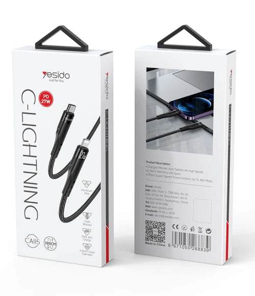 YESIDO- USB-C to Lightning Cable 27W 3m
