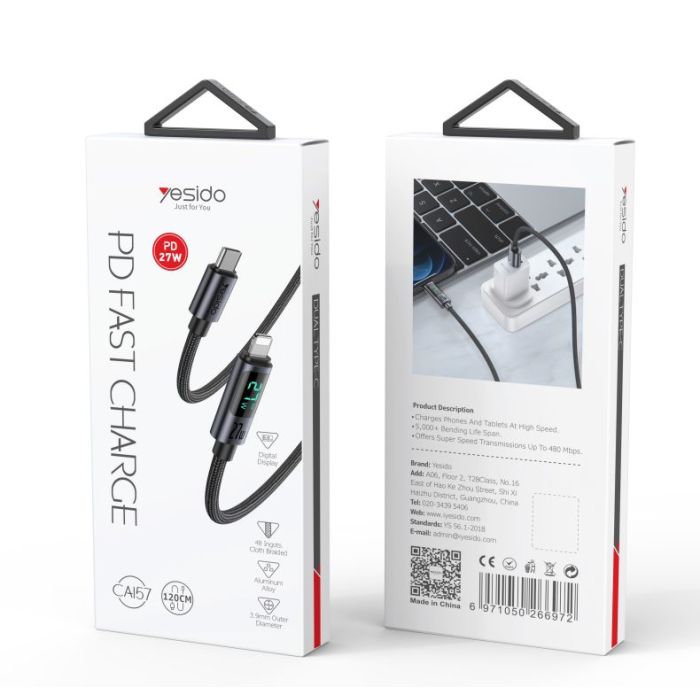 YESIDO- 27W USB-C to Lightning Braided Cable – 120cm