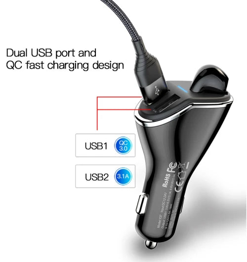 YESIDO-CAR CHARGER 2USB PORT WITH BLUETOOTH HEAD