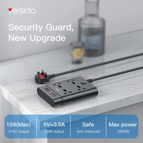 YESIDO-Power Extension 2650W, 4 Sockets, 6 USB Ports
