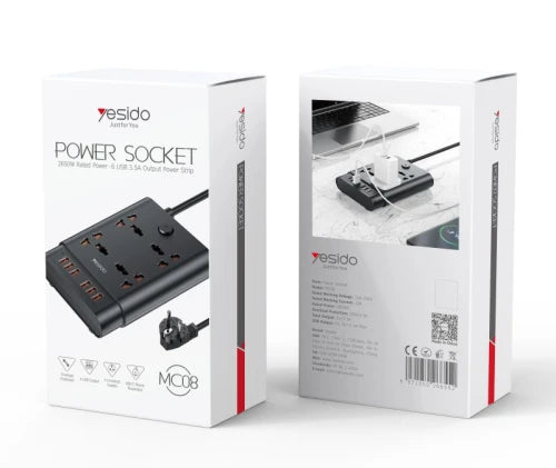 YESIDO-Power Extension 2650W, 4 Sockets, 6 USB Ports