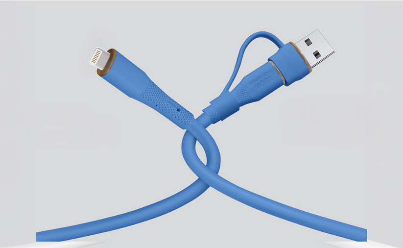 LZEL Celeris PowerDuo 2-in-1 USB-C to Lightning 27W Silicone Cable (1m) with Built-In USB-A Connector – Dark Blue