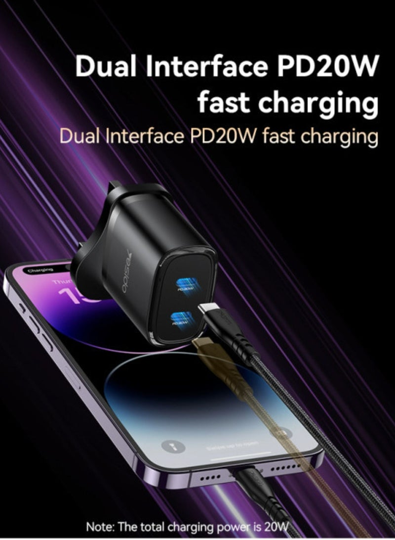 YESIDO-20W QUICK HOME CHARGER WITH USB C TO TYPE C CABLE-BLACK