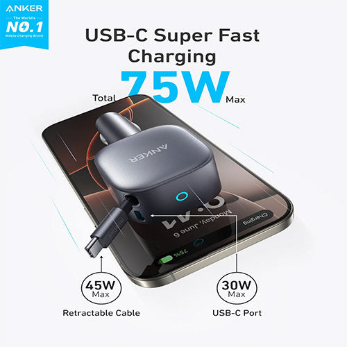 Anker Nano 75W PD Car Charger with Retractable USB-C Cable and USB-C Port - A2738HA2
