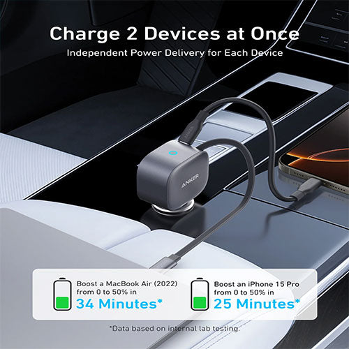 Anker Nano 75W PD Car Charger with Retractable USB-C Cable and USB-C Port - A2738HA2