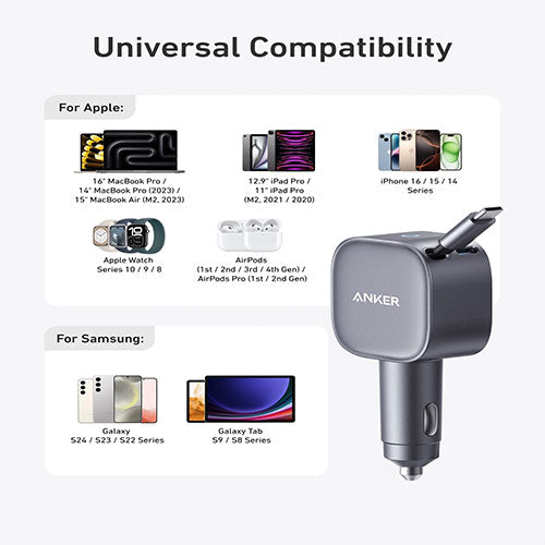 Anker Nano 75W PD Car Charger with Retractable USB-C Cable and USB-C Port - A2738HA2