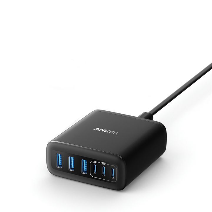 Anker 112W 6-Port GaN Charger – 3 USB-C &amp; 3 USB-A Desktop Charging Station (Black)
