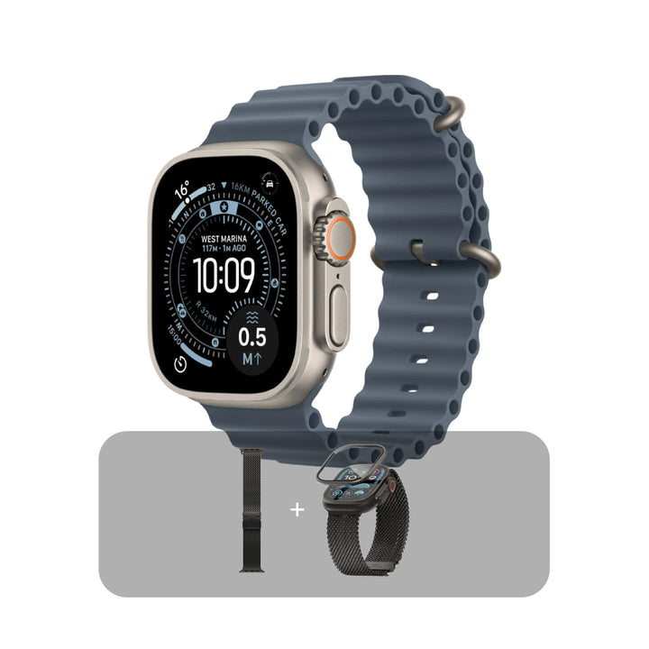 Apple Watch Ultra 3 (2025) GPS + Cellular, 49mm  Natural Titanium Case with Anchor Blue Ocean Band + Bundle Offer