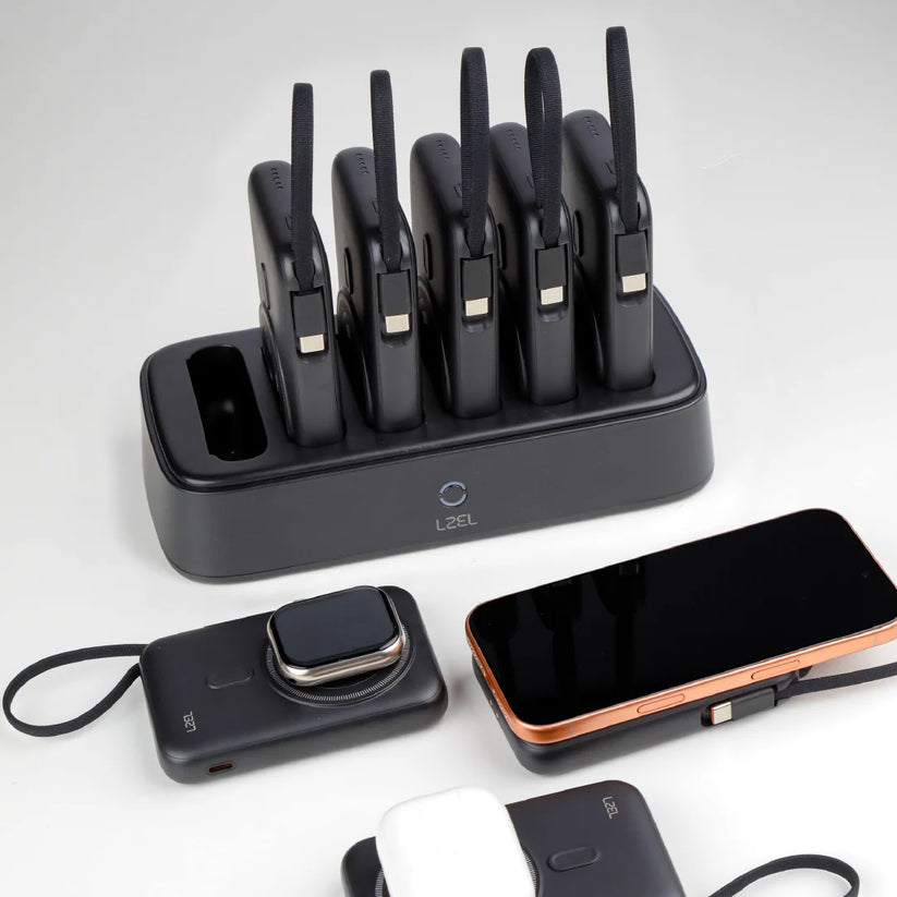 LZEL PentaEnergia Station - 5X 10,000mAh Wireless Power Bank & Charging Dock with Built-in Cable - Black