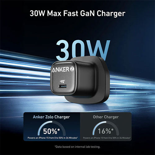 Anker Zolo Charger 30W, PD 3.0 With USB-C to USB-C Cable - Black