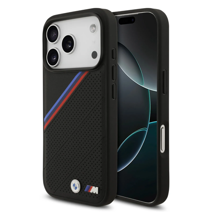 BMW, MagSafe PU Leather Case With Tricolor Slanted Stripes & Metal Logos, iPhone 17 Pro