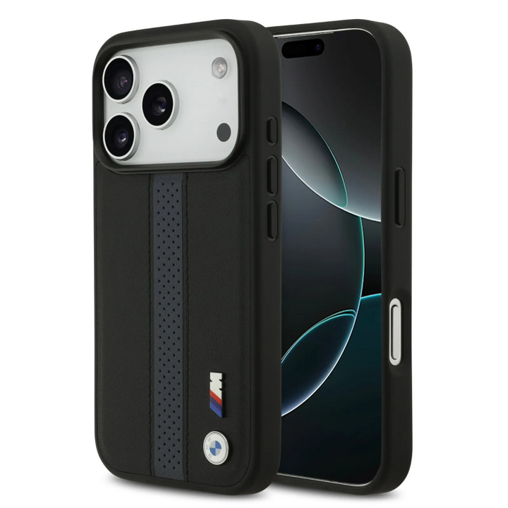 BMW, PU Leather Case with Perforated Stripes & Metal Logos, iPhone 17 Pro