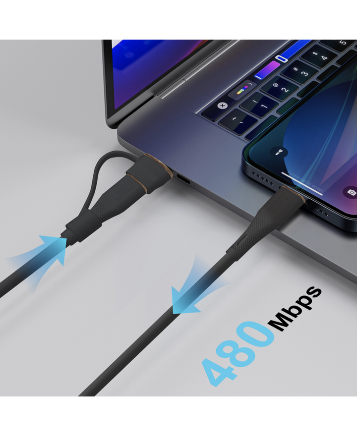 LZEL Celeris PowerDuo 2-in-1 USB-C to USB-C 100W Silicone Cable (30cm) with Built-In USB-A Connector – Black