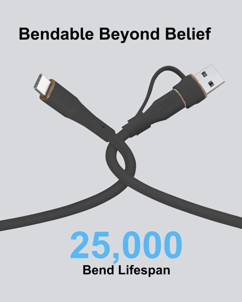 LZEL Celeris PowerDuo 2-in-1 USB-C to USB-C 100W Silicone Cable (30cm) with Built-In USB-A Connector – Black