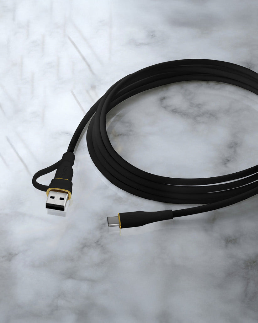 LZEL Celeris PowerDuo 2-in-1 USB-C to USB-C 100W Silicone Cable (30cm) with Built-In USB-A Connector – Black