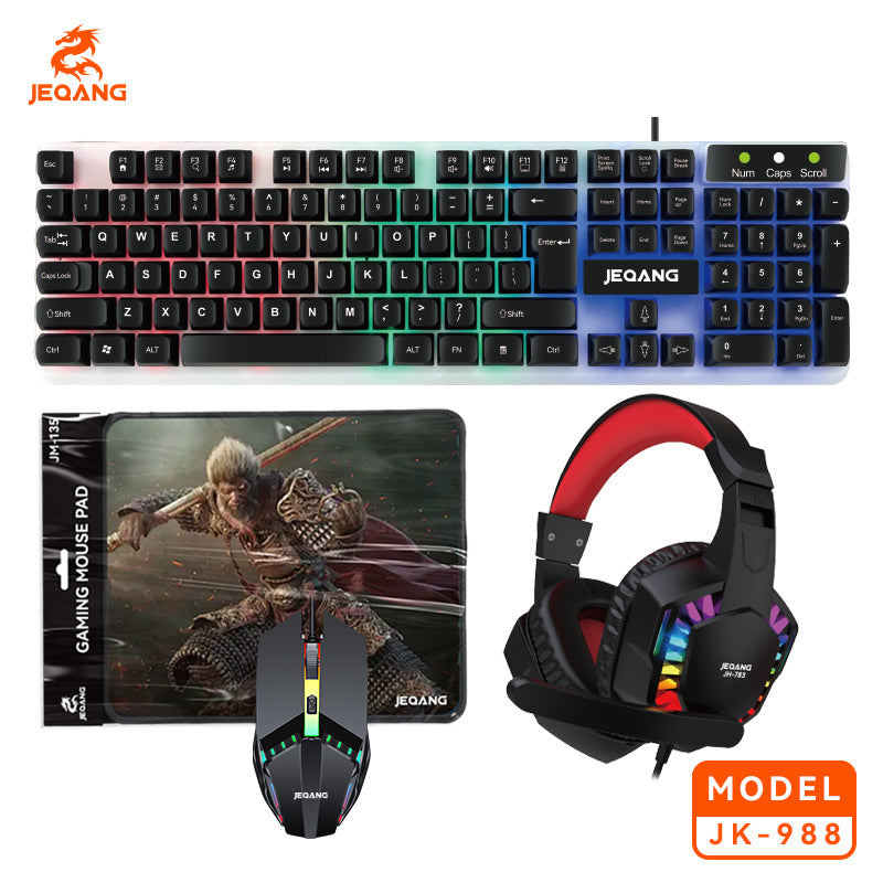Jeqang RGB Backlit Gaming Combo 4N1 Optical USB Wired Keyboard Mouse Headset Mouse Pad 104 Keys for Desktop Users New