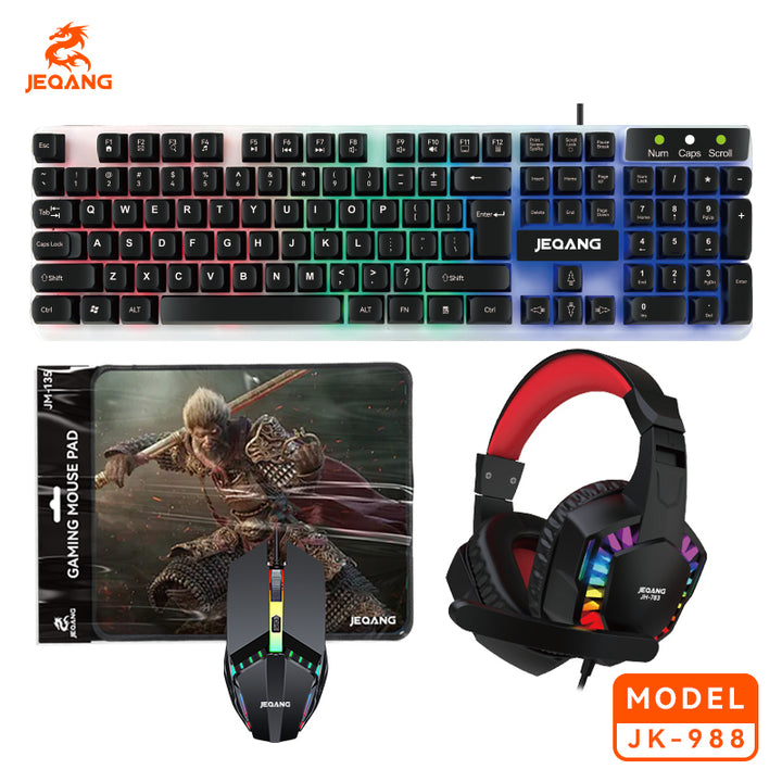 Jeqang RGB Backlit Gaming Combo 4N1 Optical USB Wired Keyboard Mouse Headset Mouse Pad 104 Keys for Desktop Users New