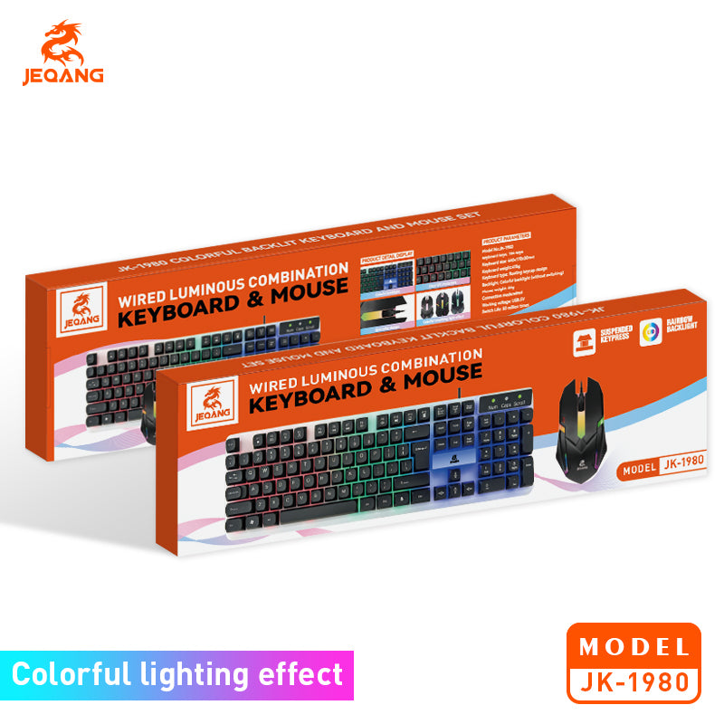 Jeqang RGB Wired Keyboard and Mouse Set New Optical USB Interface Plastic Material