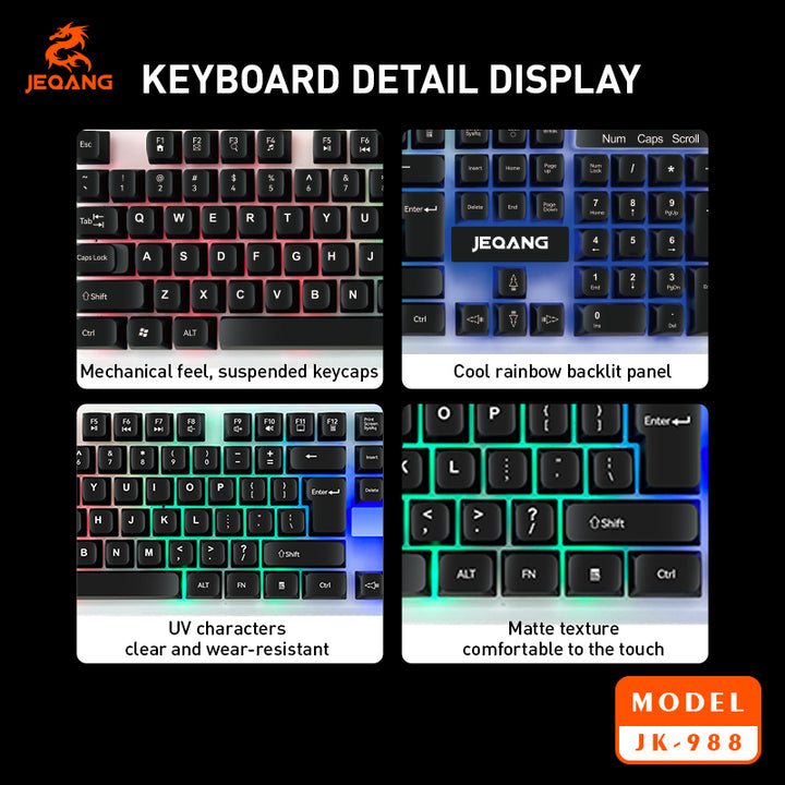 Jeqang RGB Backlit Gaming Combo 4N1 Optical USB Wired Keyboard Mouse Headset Mouse Pad 104 Keys for Desktop Users New
