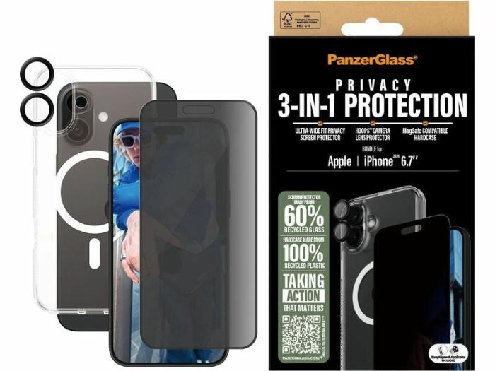 PanzerGlass® B1293+P2863+1283, 3-in-1 Privacy Protection Bundle PG Ultra Wide Fit Privacy SP | Hoops™ | HardCase for iPhone 16 Plus