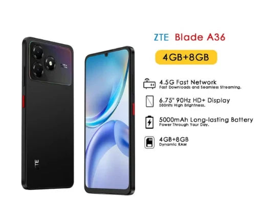 ZTE Blade A36 4G Smartphone - 6.75", 12GB RAM (4+8GB), 64GB Storage - Z2472