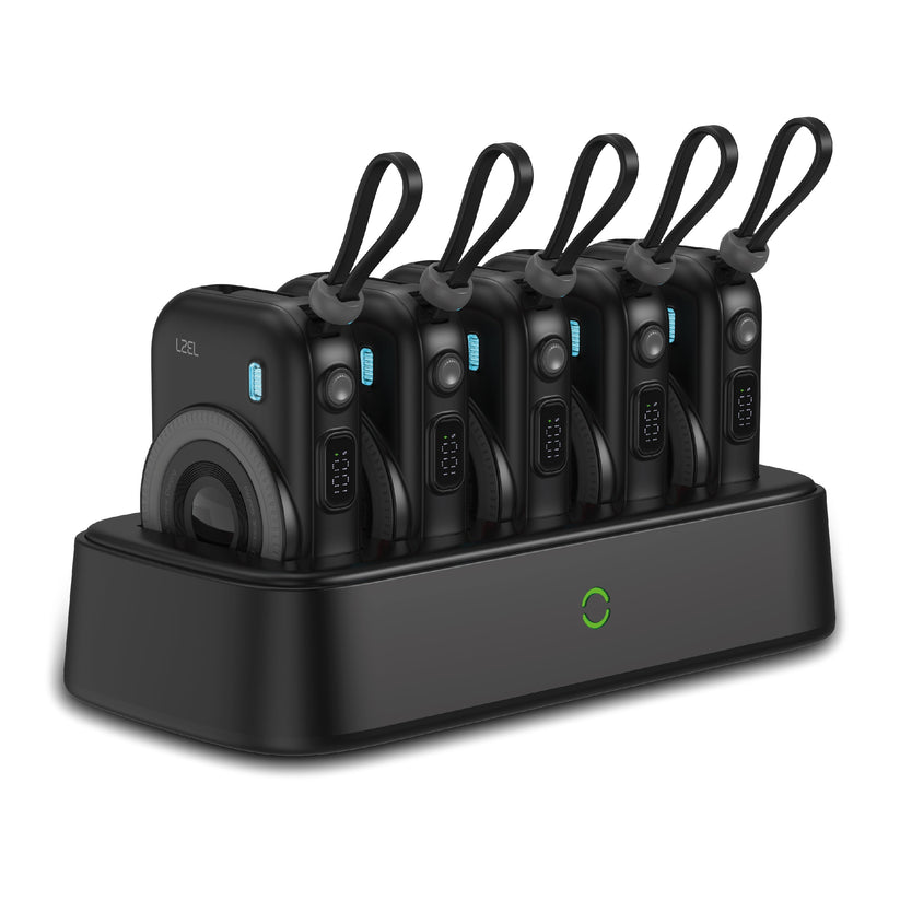 LZEL PentaEnergia Station - 5X 10,000mAh Wireless Power Bank & Charging Dock with Built-in Cable - Black