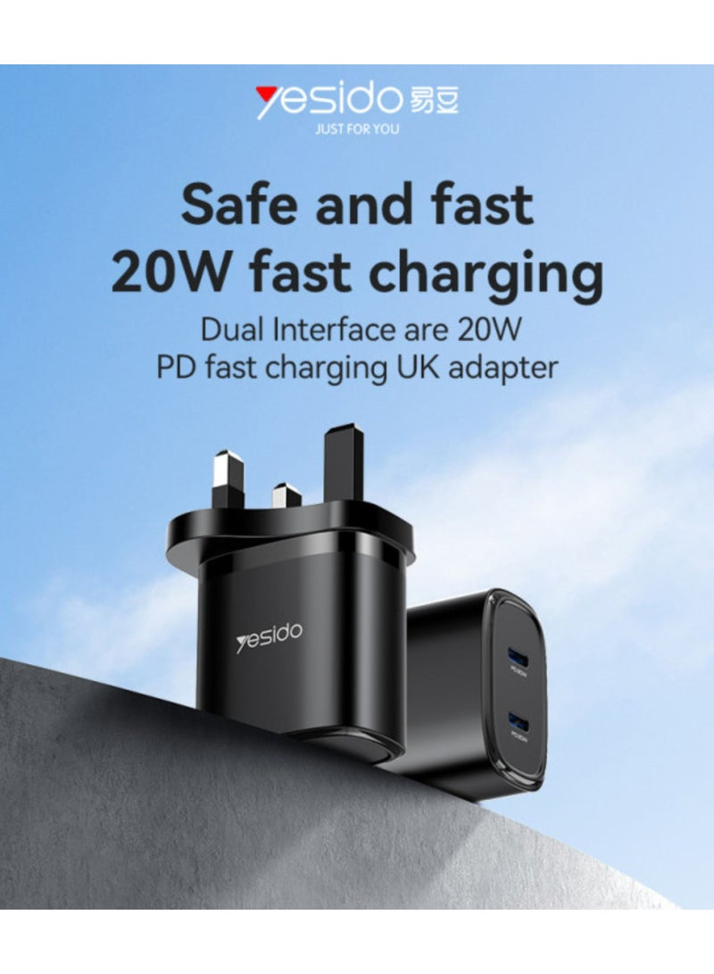 YESIDO-20W QUICK HOME CHARGER WITH USB C TO TYPE C CABLE-BLACK