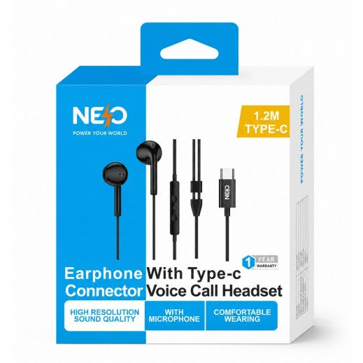 NEO brand earphone with Type-C connector and built-in microphone, shown in its retail packaging box. The box is white and blue, featuring product illustrations of the black wired earphones and a USB-C connector.