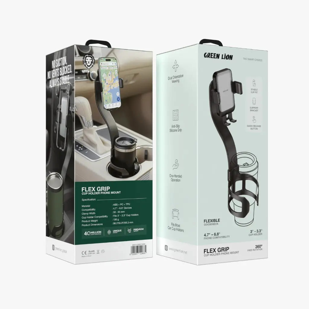 Green Lion Flex Grip Car Cup Holder Phone Mount - Black