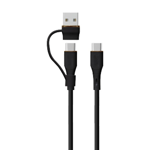 LZEL Celeris PowerDuo كابل سيليكون 2 في 1 USB-C إلى USB-C بقوة 100 واط (3 متر) مع موصل USB-A مدمج – أسود
