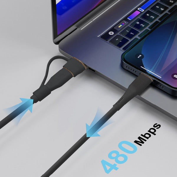 LZEL Celeris PowerDuo 2-in-1 USB-C to USB-C 100W Silicone Cable (3m) with Built-In USB-A Connector – Black