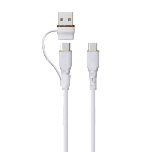 LZEL Celeris PowerDuo – 2-in-1 USB-C to USB-C 100W Silicone Cable (1m) Built-in USB-A connector- White