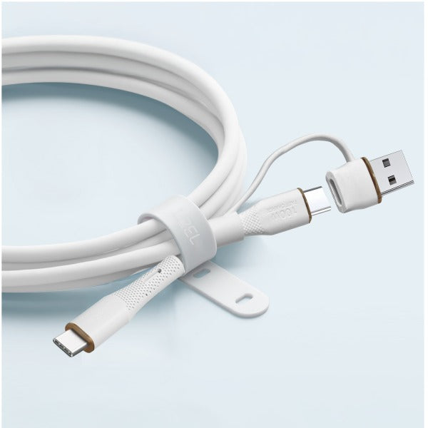 LZEL Celeris PowerDuo – 2-in-1 USB-C to USB-C 100W Silicone Cable (1m) Built-in USB-A connector- White