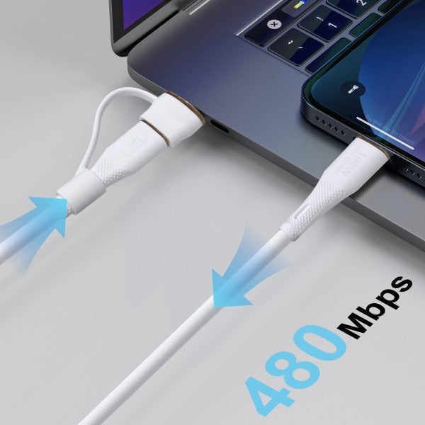 LZEL Celeris PowerDuo – 2-in-1 USB-C to USB-C 100W Silicone Cable (1m) Built-in USB-A connector- White