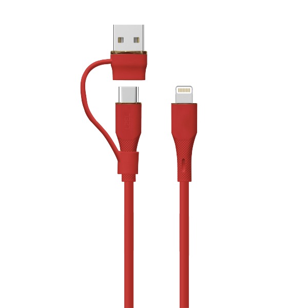 LZEL Celeris PowerDuo 2-in-1 USB-C to Lightning 27W Silicone Cable (2m) with Built-In USB-A Connector – Red