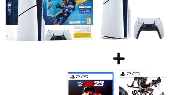 PS5 Bundle: PS5 Slim Console Disk Fortnite Flowering Chaos Voucher Bundle With 2 Games (Suicide Squad + WWE 2K23 PAL)