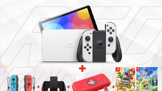 Nintendo Switch OLED Bundle 1: (Console +Joycon+Grip+Bag+2 New Games Mario Party Jamboree & Legend of Zelda: Echoes of Wisdom)