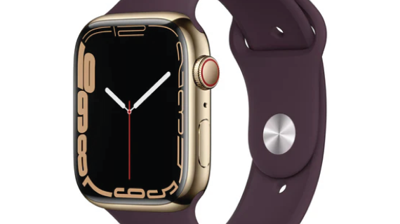 Apple Watch Series 7 GPS + Cellular, 45mm Gold Stainless Steel Case with Dark Cherry Sport Band - Regular